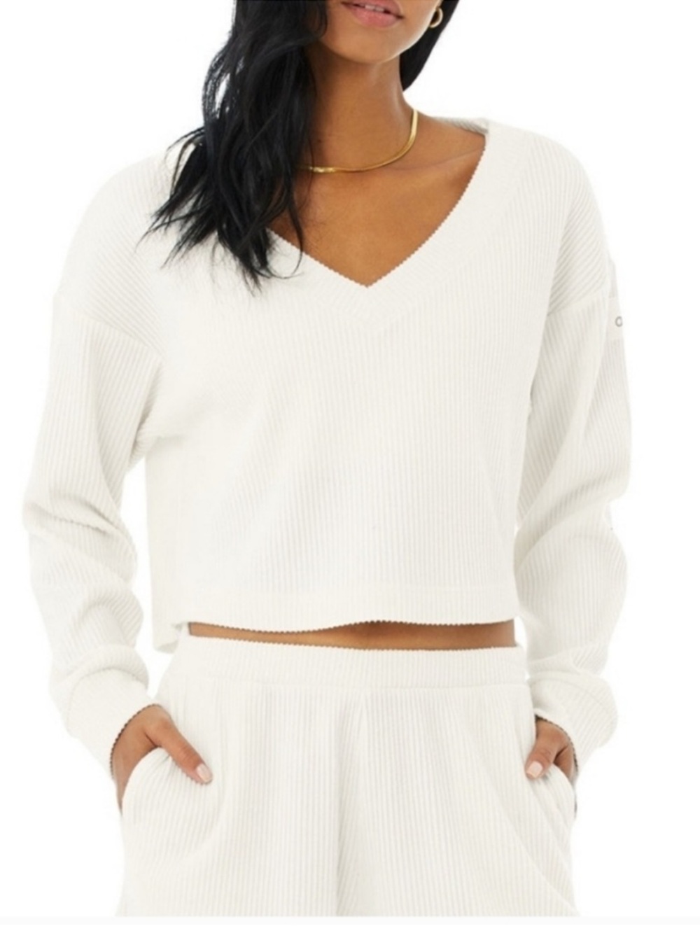 ALO Muse Cropped V-Neck Ribbed Pullover Top Sweater Ivory XS - Picture 2 of 7